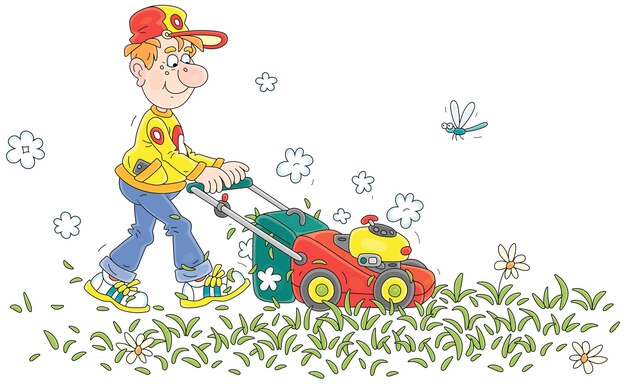 Vector funny boy lawnmower with a grasscutter tending his summer lawn