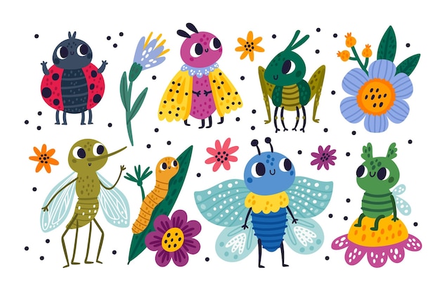 Funny bugs Colorful insects characters Nature creations Cute beetles Grasshopper and ladybug Caterpillar on leaf Butterfly and mosquito Midge on flower Vector small animals set