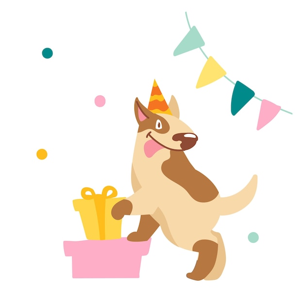 Funny Bull Terrier with Sticking Out Tongue Stand on Gift Boxes. Cute Dog Character Celebrate Birthday. Pet in Festive Hat with Wrapped Presents, Garland and Confetti. Cartoon Vector Illustration