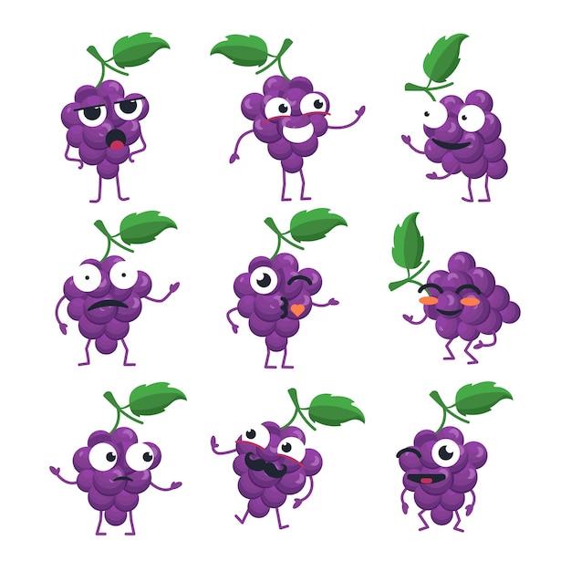 Funny bunch of grapes - vector isolated cartoon emoticons. Cute emoji set with a nice character. A collection of an angry, surprised, happy, confused, crazy, laughing, sad fruit on white background