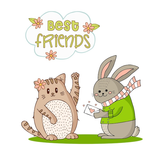 Funny bunny in a green jacket and pink and white striped scarf with an envelope with a heart and kitten with a flower. Hand-drawn doodle illustration. Best Friends.