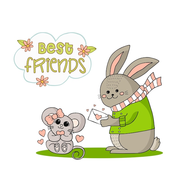 Funny bunny in a green jacket and white and pink striped scarf and a mouse with a pink polka dot bow and hearts. Hand-drawn doodle illustration.