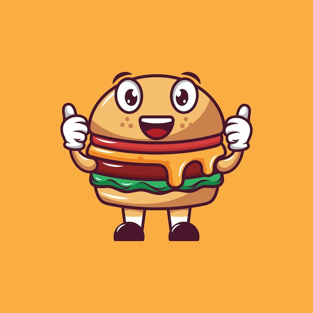 Funny burger mascot gives thumbs up on yellow background