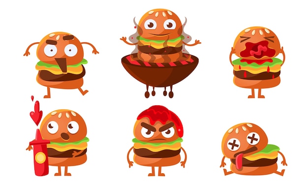 Vector funny burgers set fast food cartoon character with various emotions vector illustration