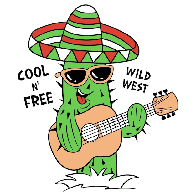 Funny cactus mascot vector illustration playing the guitar print