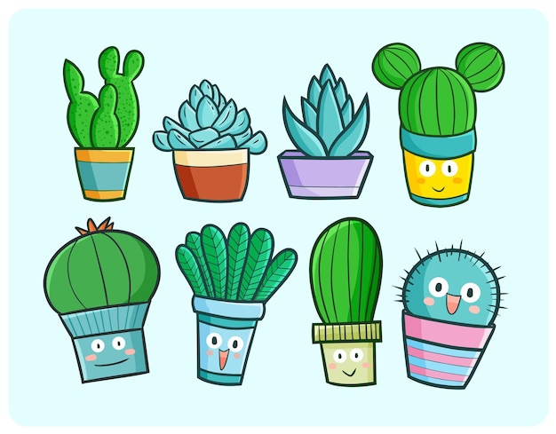 Funny cactus and succulent plant in simple cartoon doodle style