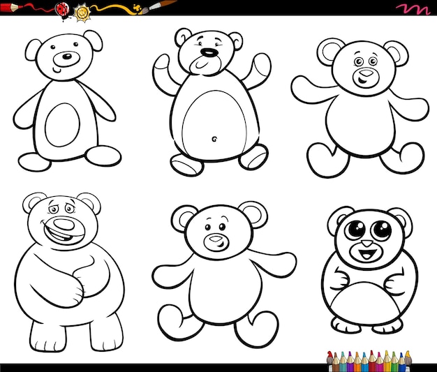 Funny cartoon bears animal characters set coloring page