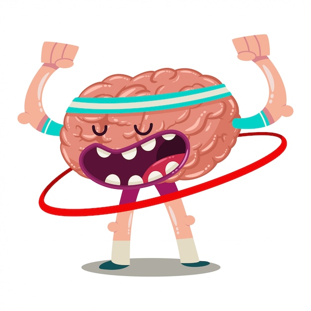 Funny cartoon brain trains with hula hoop. Vector character of an internal organ isolated. Brainstorm illustration.