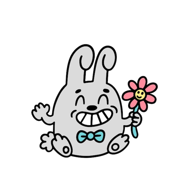 Funny cartoon character Bunny with flower Vector illustration in doodle style