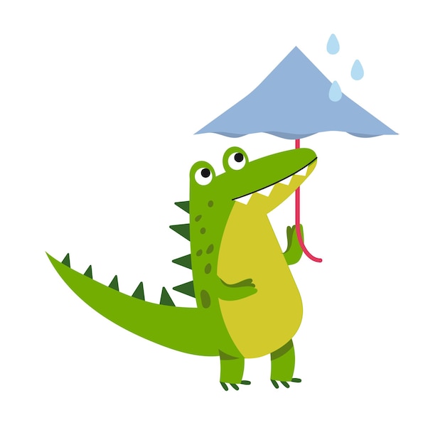 Funny cartoon crocodile character walking with umbrella vector Illustration isolated on a white background