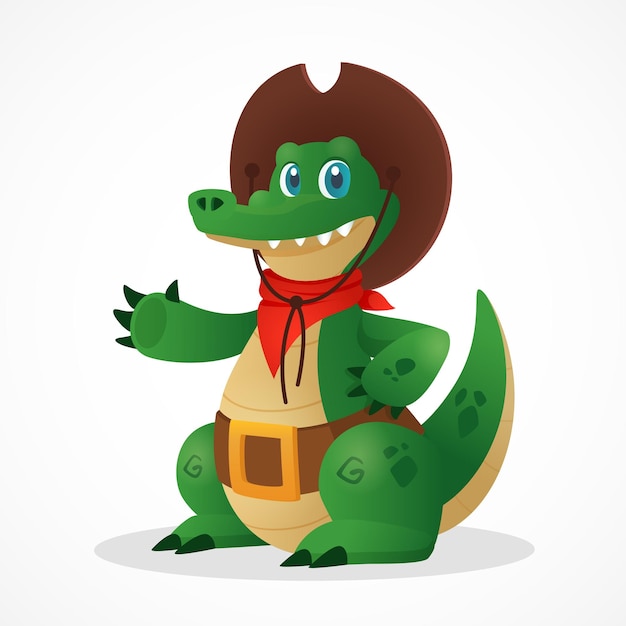 Funny cartoon crocodile cowboy mascot saying hello Flat animal character for fairytale and kid story Wild west alligator