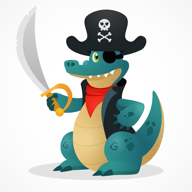 Funny cartoon crocodile pirate mascot holding saber Flat animal character for fairytale and kid story Captain hat with school