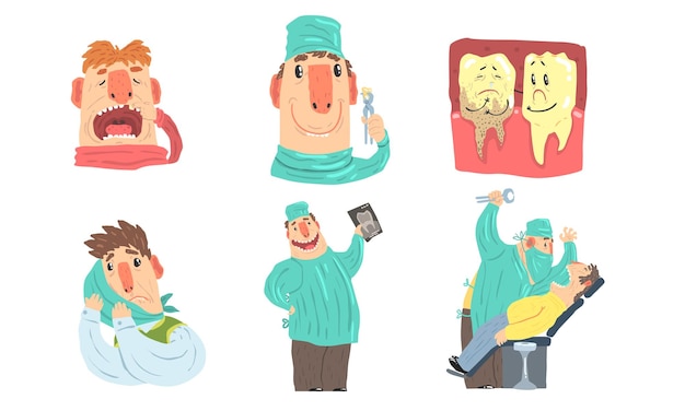 Vector funny cartoon dentist at work humanized sick and healthy teeth illustration set isolated on white background