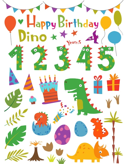 Funny cartoon dinosaurs and design elements for birthday card or party invitation