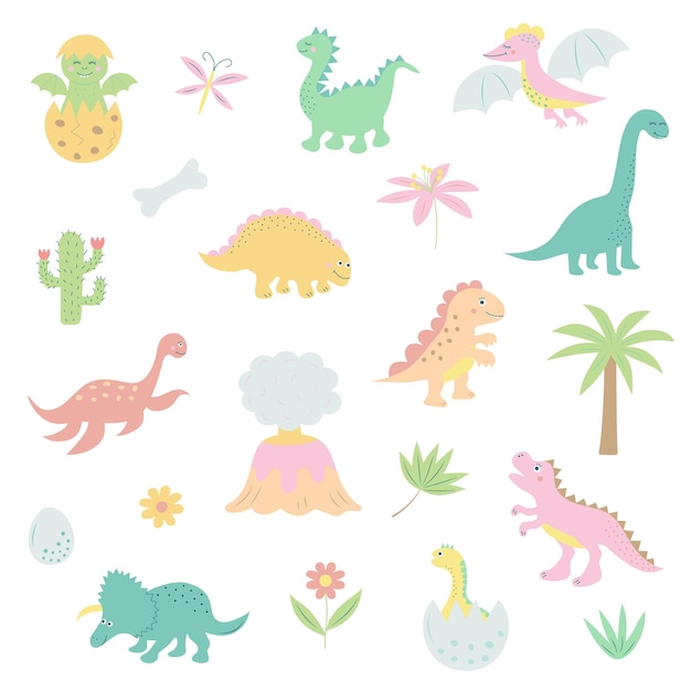 Funny cartoon dinosaurs and prehistoric elements set Dino baby collection