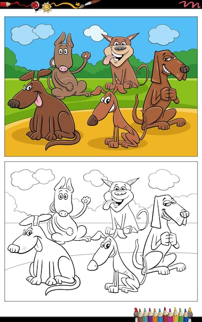 Funny cartoon dogs animal characters group coloring page