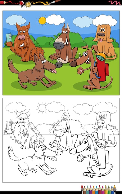 Funny cartoon dogs animal characters group coloring page