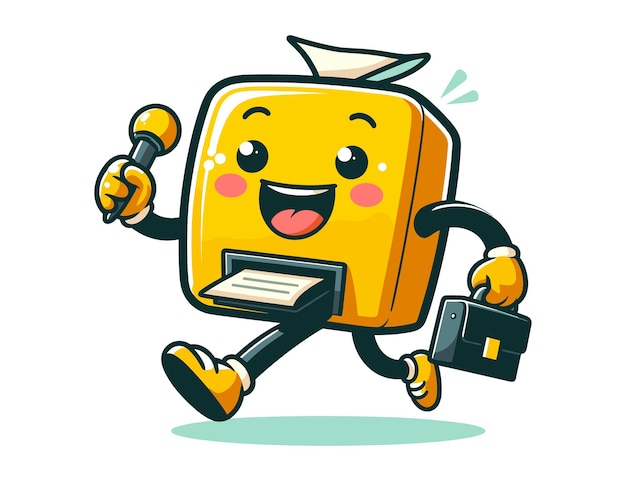 funny cartoon emoji running holding a microphone and a bag sticker design cartoon character