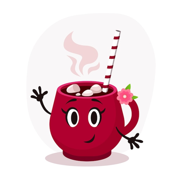 Funny cartoon flat christmas red cup illustration. Hot cacao with marshmallows. Vector illustration