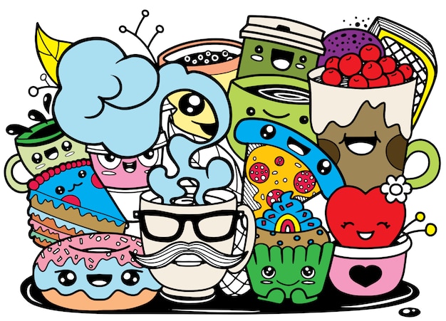 Funny Cartoon food in kawaii style. 