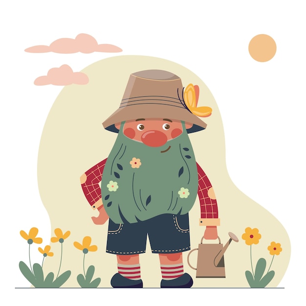 Funny cartoon gardener dwarf with a watering can Children vector illustration