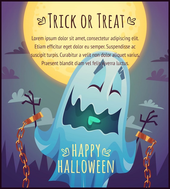 Vector funny cartoon ghost on full moon sky background happy halloween poster trick or treat greeting card  illustration