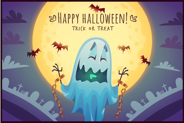 Funny cartoon ghost on full moon sky background Happy Halloween poster Trick or treat greeting card  illustration