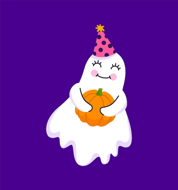 Funny cartoon Halloween ghost with hat and pumpkin