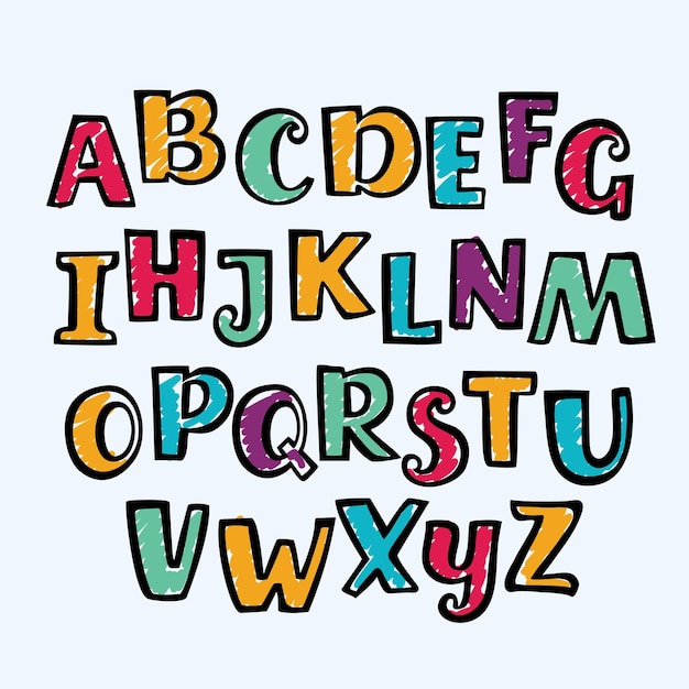 Funny cartoon hand drawn marker colorful uppercase alphabet