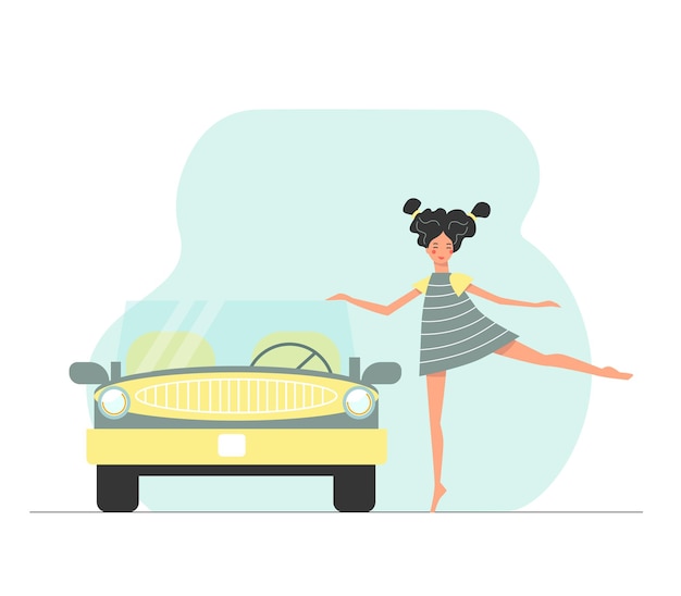 Funny cartoon happy girl with a cabriolet