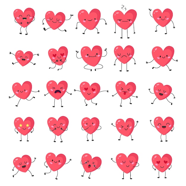 Funny cartoon heart shapes emotions set Lovely emoticons with heart smiley faces and expressions