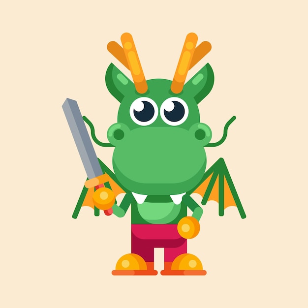 Funny cartoon maskot dragon character flat design illustration