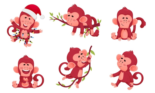 Funny Cartoon Monkey Swinging on Liana and Sleeping on Tree Branch Vector Set