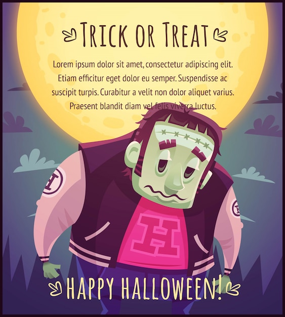 Funny cartoon mutant zombie on full moon sky background Happy Halloween poster Trick or treat greeting card  illustration