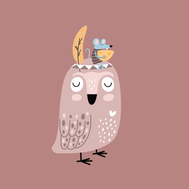 Vector funny cartoon owl and mouse