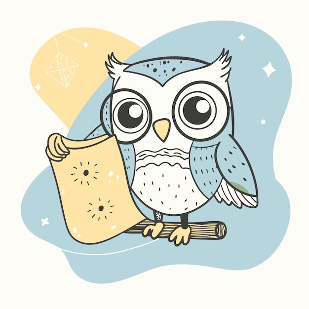 Vector a funny cartoon owl with large expressive eyes that sparkle with curiosity and mischief looks into