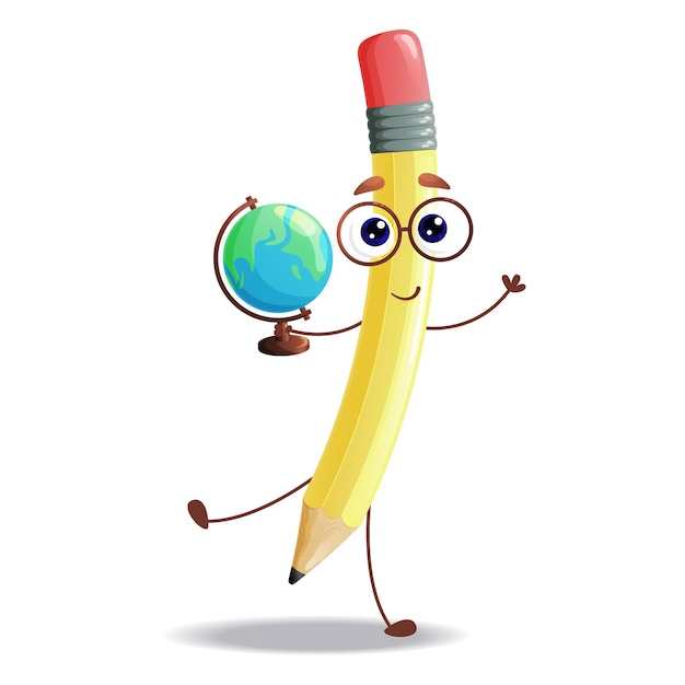 Funny cartoon pencil characters with globe isolated on a white background vector illustration