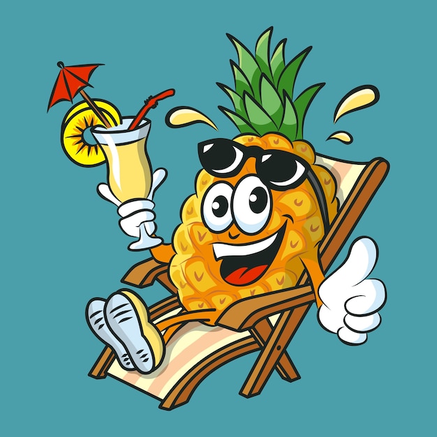 Funny cartoon pineapple character drinking Pina Colada cocktail having fun and relaxing on sunbed.