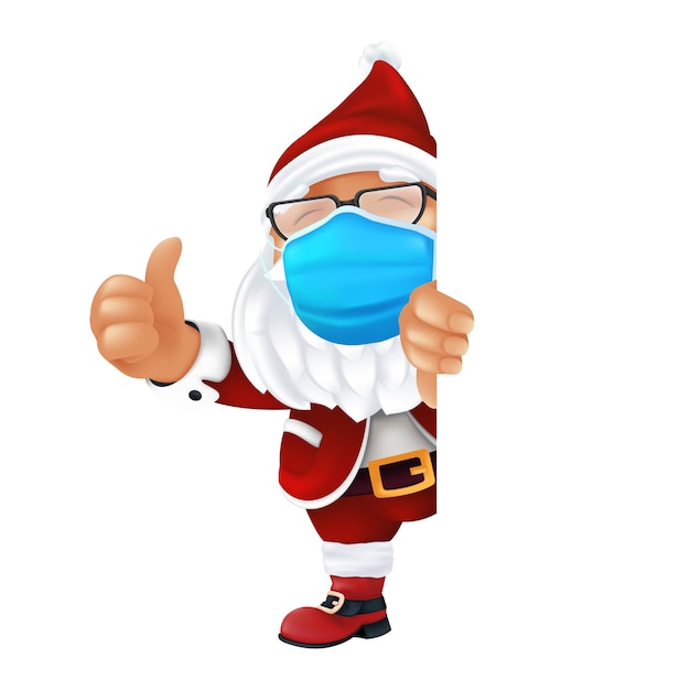 Funny cartoon Santa Claus wearing a surgical protective face mask.