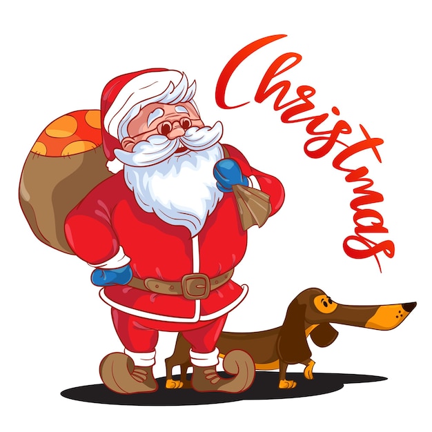 Funny cartoon Santa Claus with sack of presents on his back and brown Dachshund - symbol of the year. Colored Santa Claus isolated on white background. Vector illustration. Perfect for greetting cards