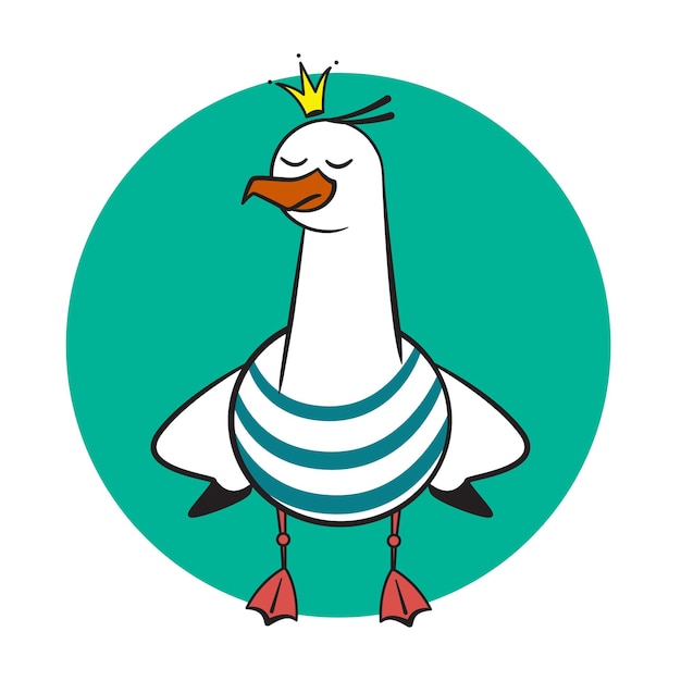 Funny cartoon seagull Crowned on rounded background