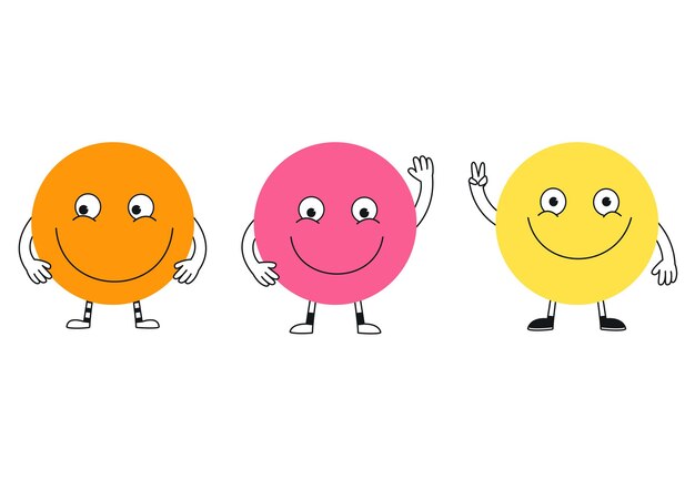 Vector funny cartoon smiling characters happy cheerful emoji with smiling faces