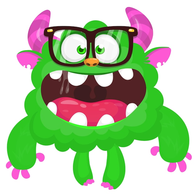 Funny cartoon smiling monster illustrstion wearing eyeglasses