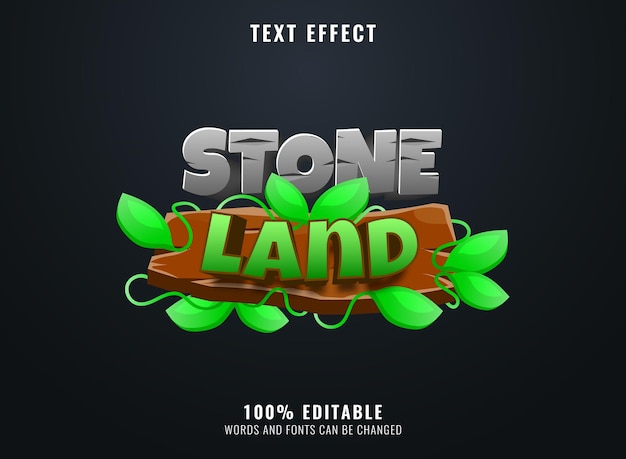 Funny cartoon stone land game logo with wooden frame text effect