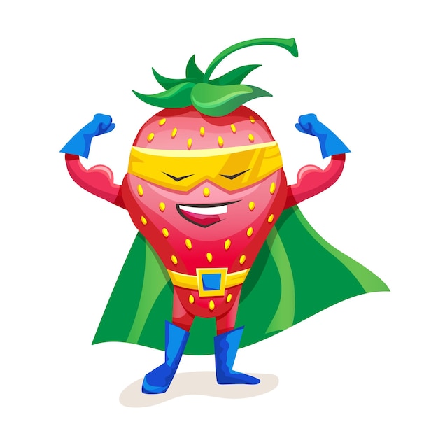 Funny cartoon vector character fruit in superhero costume Concept of healthy diet natural vegetarian organic products Cute fruit strawberry in cloak of super hero and mask showing strength