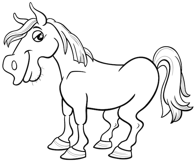 Vector funny cartoon white horse farm animal character coloring page