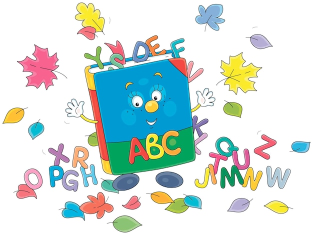 Funny cartoony ABC book surrounded by colorful letters friendly smiling and waving in greeting