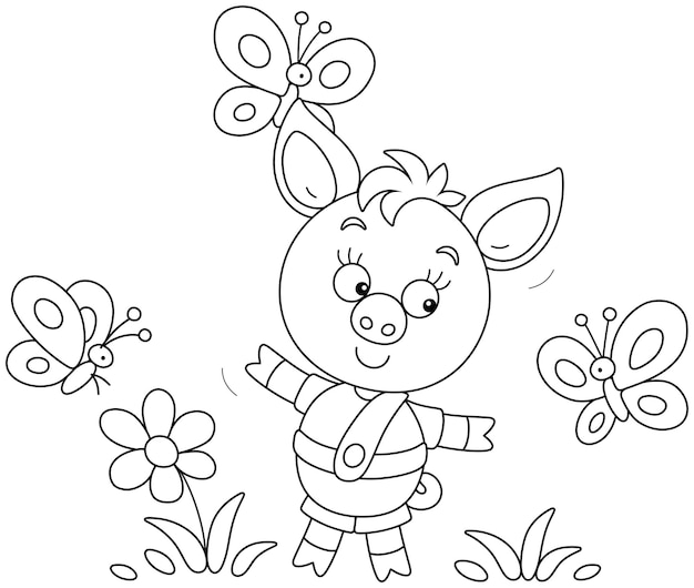 Funny cartoony little piglet merrily playing with butterflies on a summer lawn