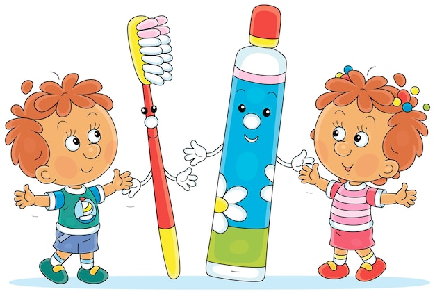 Vector funny cartoony toothbrush and toothpaste with happy little kids