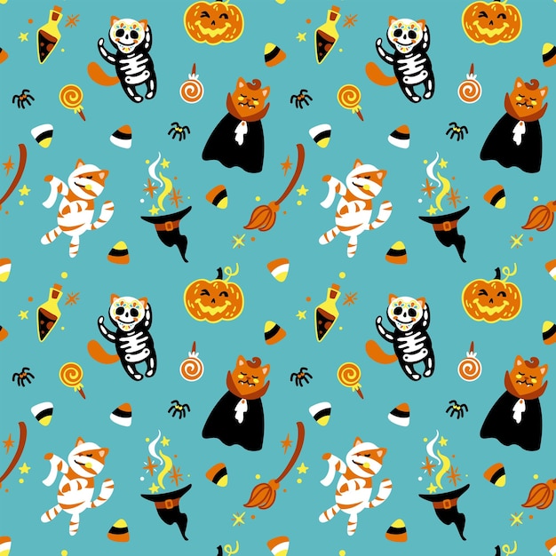 Funny cat in halloween costumes. Kids pattern for halloween.  Seamless pattern for fabric, wrapping